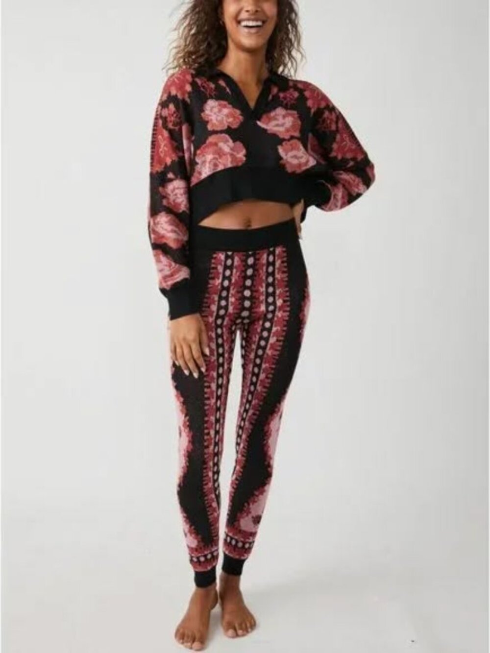 Free People Women's Fuzzy Feelings Set in Rose Black Combo Size Small